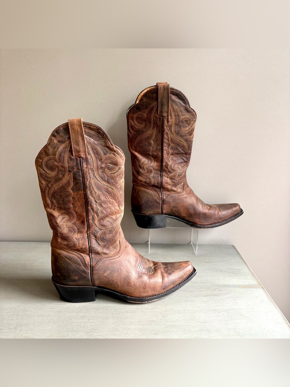 J.B. Dillon Brown Goat Leather Cowboy Western Work Boots Women 9 Pull On Mexico - Picture 9 of 14